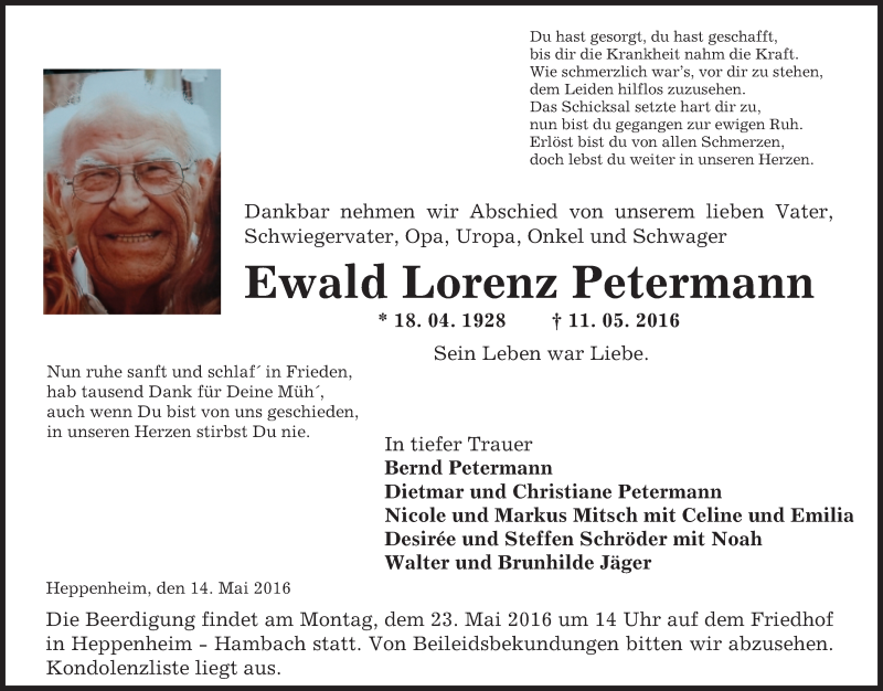  Traueranzeige für Ewald Lorenz Petermann vom 14.05.2016 aus Trauerportal Echo Online