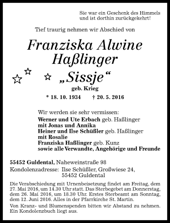 Traueranzeige von Franziska Alwine Haßlinger von  Allg. Zeitung Bad Kreuznach