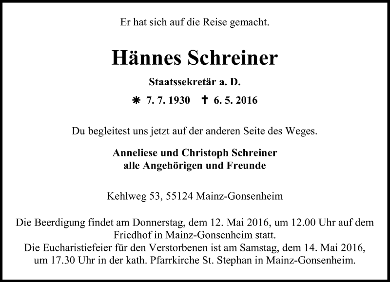  Traueranzeige für Hännes Schreiner vom 09.05.2016 aus  Allgemeine Zeitung Mainz