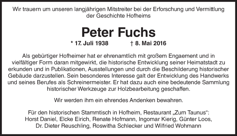  Traueranzeige für Peter Fuchs vom 18.05.2016 aus  Hofheimer Zeitung