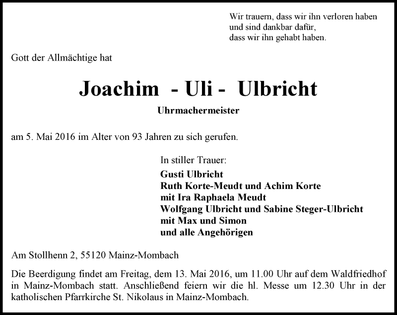  Traueranzeige für Joachim Ulbricht vom 07.05.2016 aus  Allgemeine Zeitung Mainz