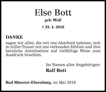 Traueranzeige von Else Bott von  Allg. Zeitung Bad Kreuznach