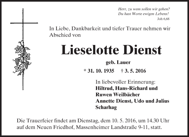 Traueranzeige für Lieselotte Dienst vom 06.05.2016 aus  Hochheimer Zeitung