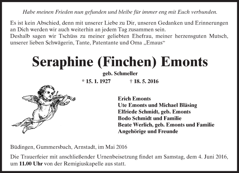  Traueranzeige für Seraphine Emonts vom 28.05.2016 aus  Kreisanzeiger