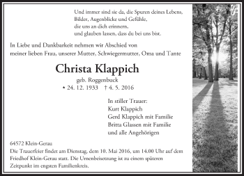 Traueranzeige von Christa Klappich von Trauerportal Echo Online