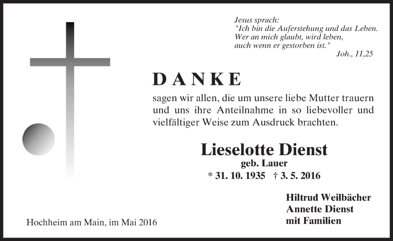  Traueranzeige für Lieselotte Dienst vom 20.05.2016 aus  Hochheimer Zeitung
