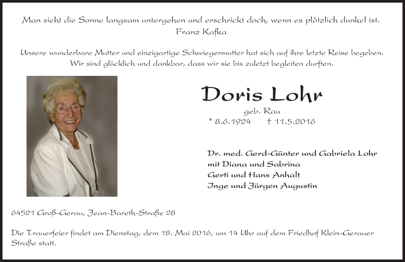  Traueranzeige für Doris Lohr vom 14.05.2016 aus Trauerportal Echo Online