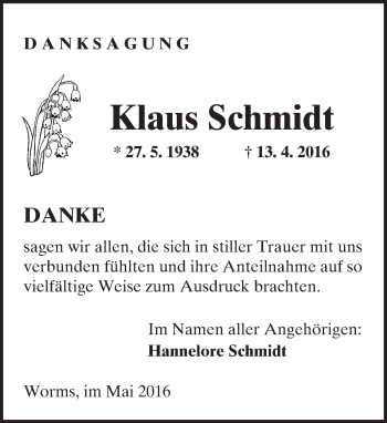 Traueranzeige von Klaus Schmidt von  Wormser Zeitung