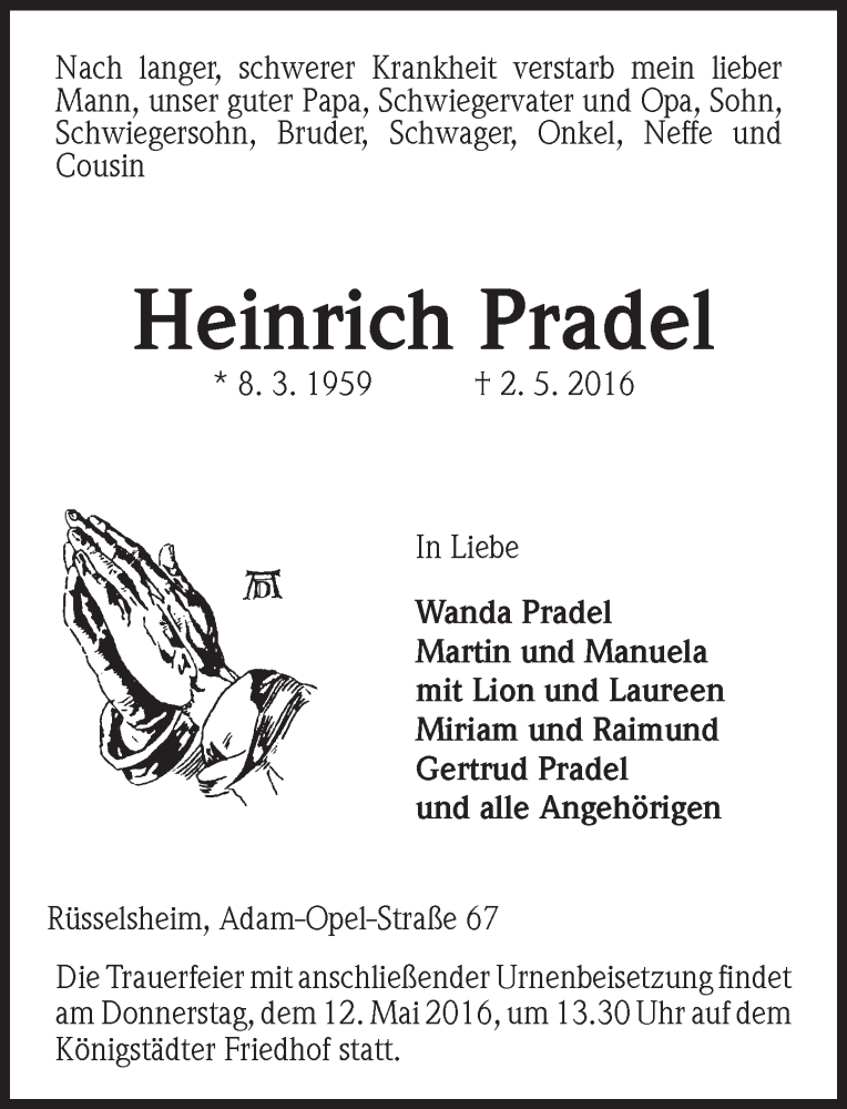  Traueranzeige für Heinrich Pradel vom 07.05.2016 aus  Mainspitze
