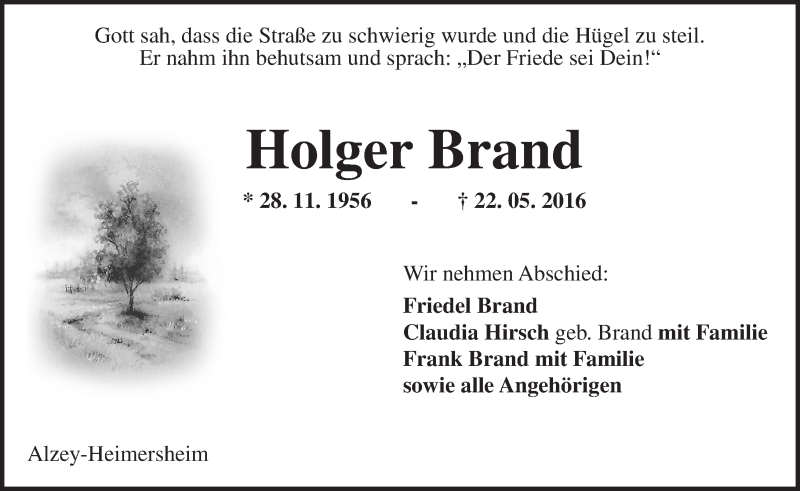 Traueranzeige für Holger Brand vom 25.05.2016 aus  Allgemeine Zeitung Alzey