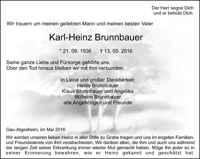  Traueranzeige für Karl-Heinz Brunnbauer vom 17.05.2016 aus  Allgemeine  Zeitung Ingelheim-Bingen