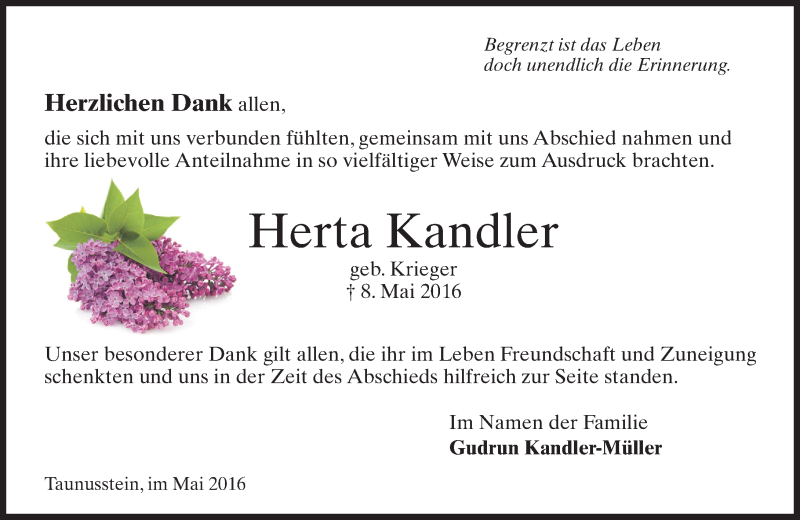  Traueranzeige für Herta Kandler vom 28.05.2016 aus  Wiesbaden komplett