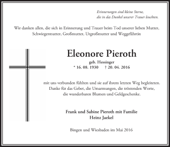 Traueranzeige von Eleonore Pieroth von  Allgemeine  Zeitung Ingelheim-Bingen