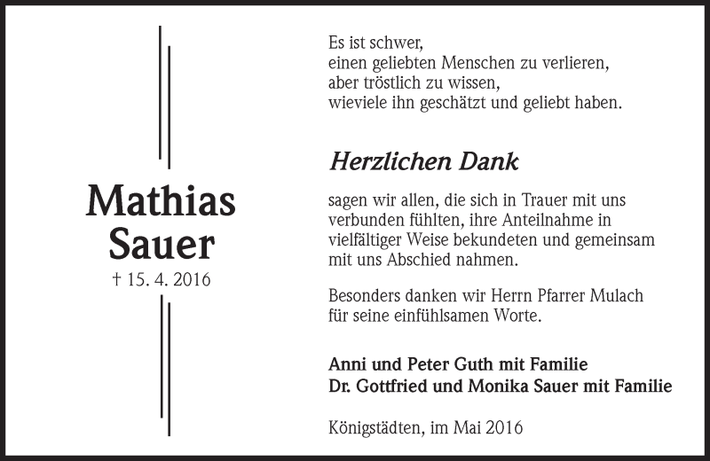  Traueranzeige für Mathias Sauer vom 13.05.2016 aus Trauerportal Echo Online