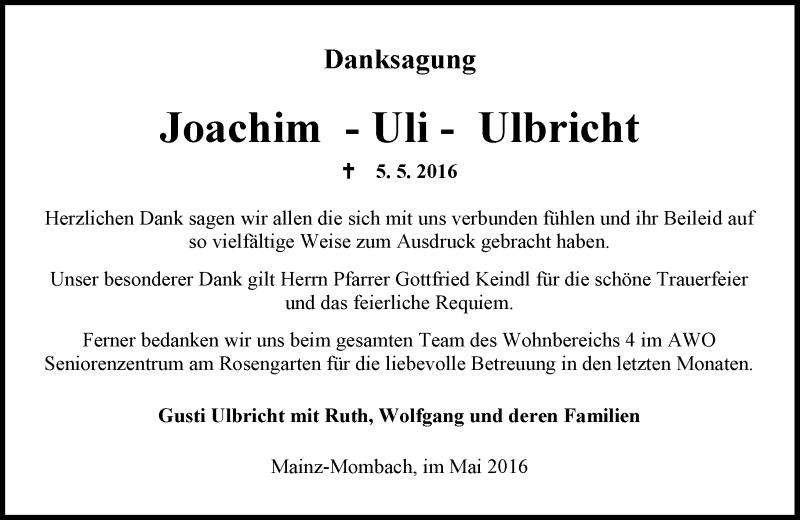  Traueranzeige für Joachim Ulbricht vom 21.05.2016 aus  Allgemeine Zeitung Mainz
