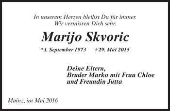 Traueranzeige von Marijo Skvoric von  Allgemeine Zeitung Mainz