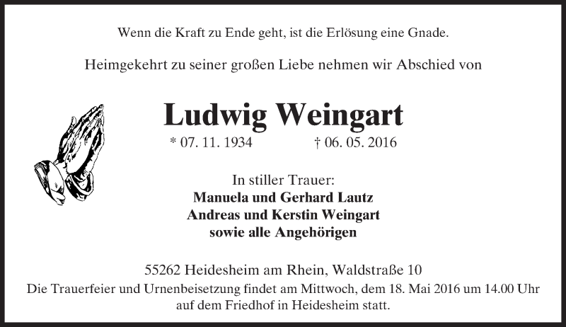  Traueranzeige für Ludwig Weingart vom 13.05.2016 aus  Allgemeine Zeitung Mainz