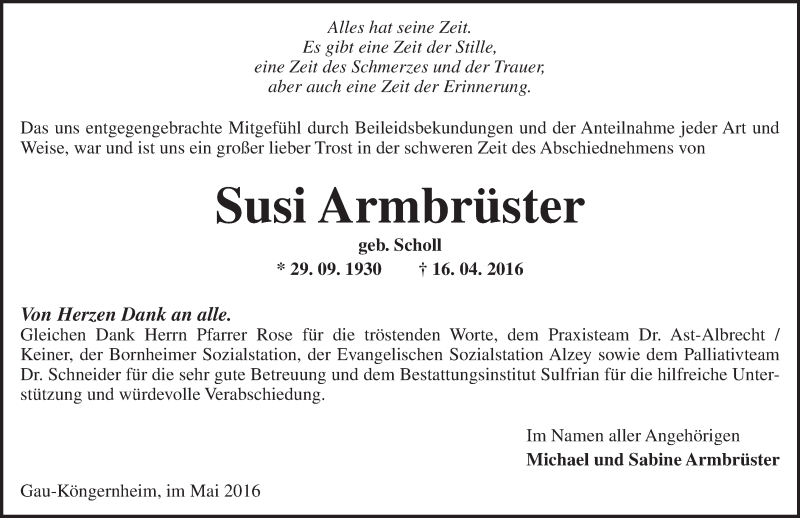  Traueranzeige für Susi Armbrüster vom 21.05.2016 aus  Allgemeine Zeitung Alzey