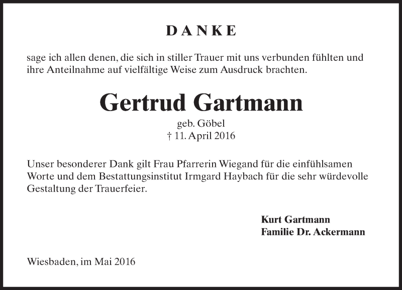  Traueranzeige für Gertrud Gartmann vom 07.05.2016 aus  Wiesbaden komplett