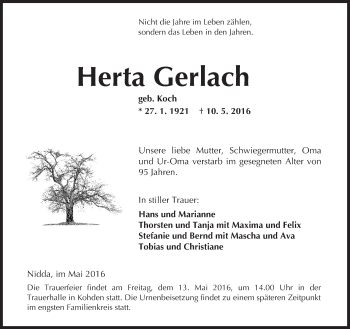 Traueranzeige von Herta Gerlach von  Kreisanzeiger
