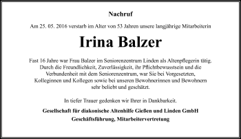 Traueranzeige von Irina Balzer von  Kreisanzeiger