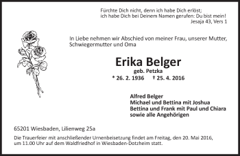 Traueranzeige von Erika Belger von  Wiesbaden komplett