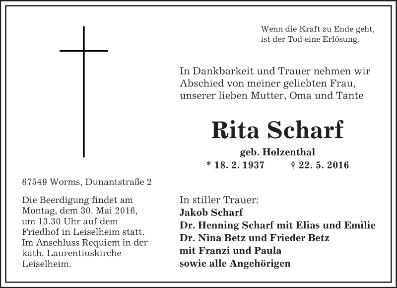  Traueranzeige für Rita Scharf vom 27.05.2016 aus  Wormser Zeitung