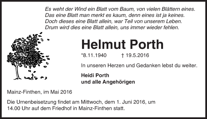  Traueranzeige für Helmut Porth vom 25.05.2016 aus  Allgemeine Zeitung Mainz