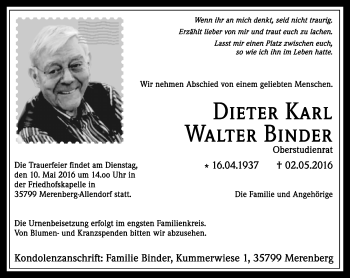 Traueranzeige von Dieter Karl Walter Binder von  Allgemeine Zeitung Alzey