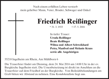 Traueranzeige von Friedrich Reißinger von  Allgemeine  Zeitung Ingelheim-Bingen