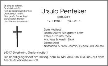 Traueranzeige von Ursula Penteker von Trauerportal Echo Online