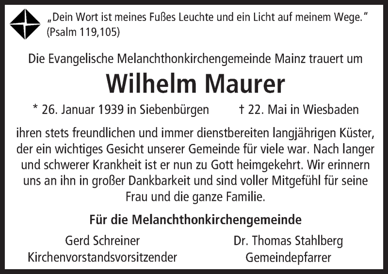  Traueranzeige für Wilhelm Maurer vom 30.05.2016 aus  Allgemeine Zeitung Mainz