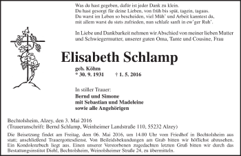 Traueranzeige von Elisabeth Schlamp von  Allgemeine Zeitung Alzey
