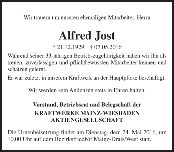 Traueranzeige von Alfred Jost von  Mainspitze