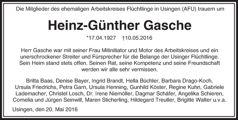 Traueranzeige für Heinz-Günther Gasche vom 20.05.2016 aus  Usinger Anzeiger