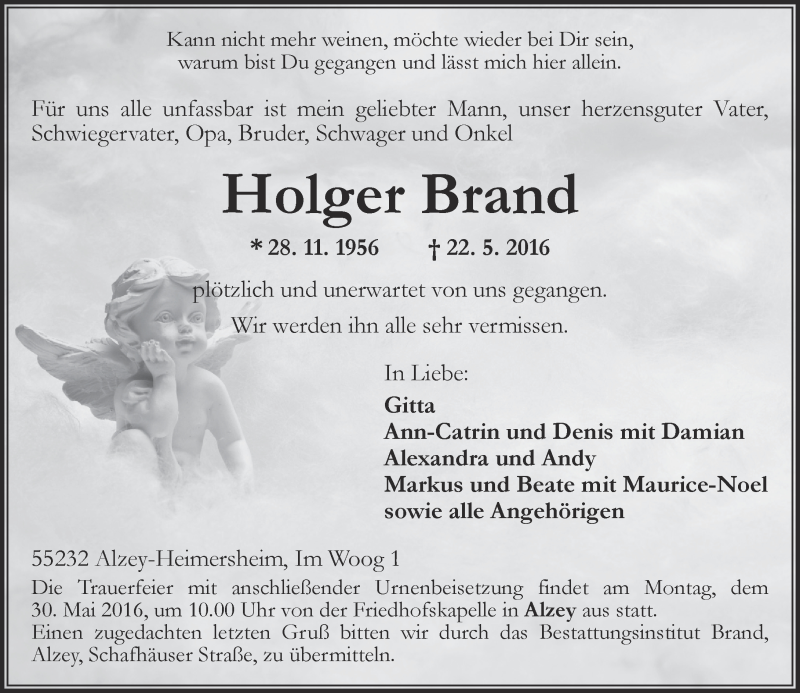  Traueranzeige für Holger Brand vom 25.05.2016 aus  Allgemeine Zeitung Alzey