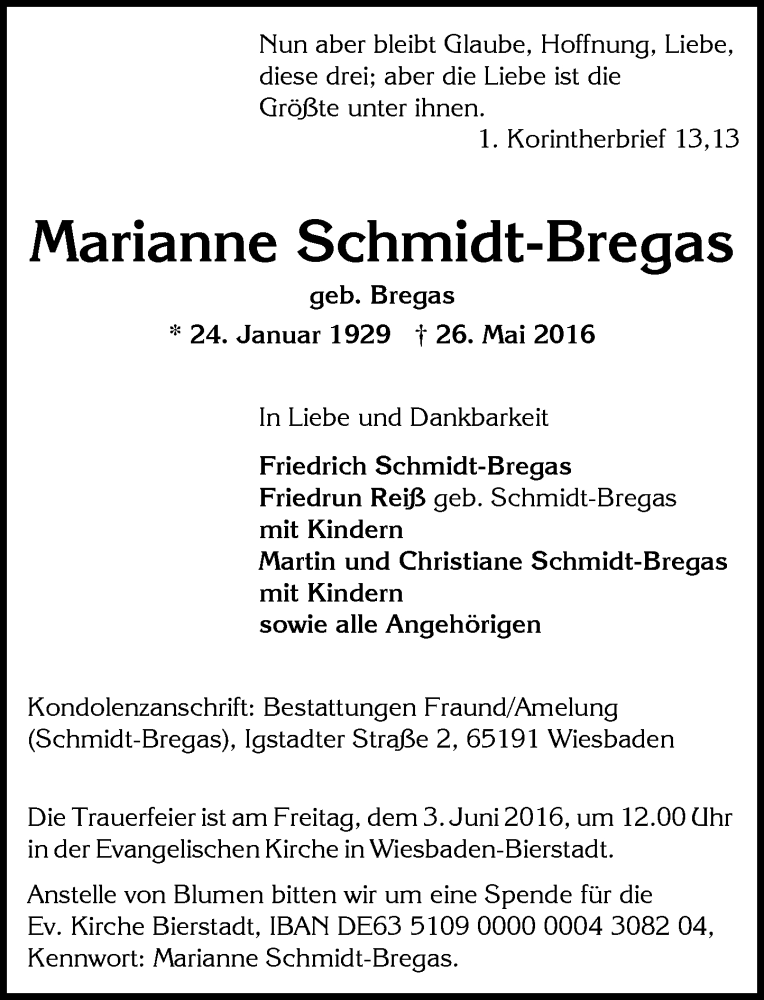  Traueranzeige für Marianne Schmidt-Bregas vom 31.05.2016 aus  Wiesbaden komplett