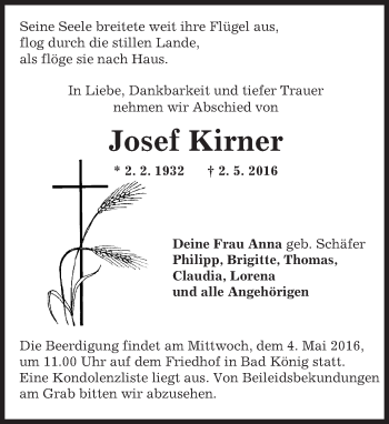 Traueranzeige von Josef Kirner von Trauerportal Echo Online