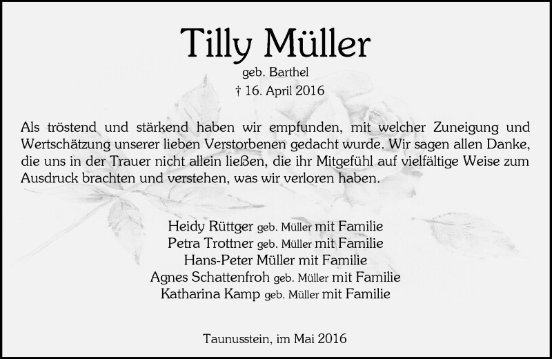  Traueranzeige für Tilly Müller vom 21.05.2016 aus  Wiesbaden komplett