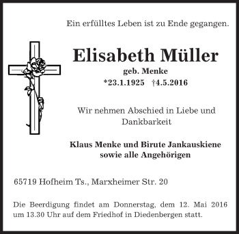 Traueranzeige von Elisabeth Müller von  Hofheimer Zeitung