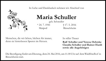 Traueranzeige von Maria Schuller von Trauerportal Echo Online