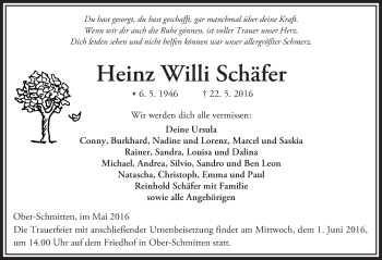 Traueranzeige von Heinz Willi Schäfer von  Kreisanzeiger