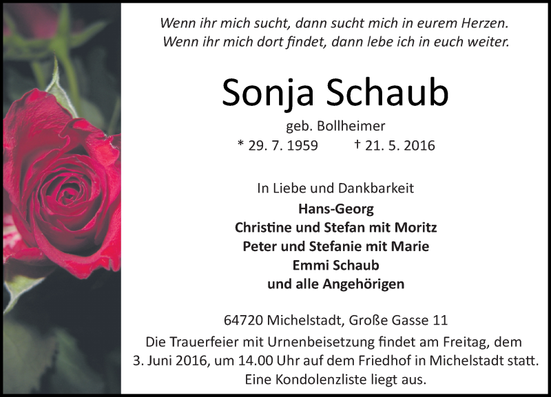  Traueranzeige für Sonja Schaub vom 28.05.2016 aus Trauerportal Echo Online