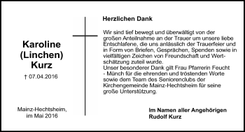 Traueranzeige von Karoline Kurz von  Allgemeine Zeitung Mainz