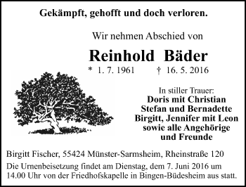 Traueranzeige von Reinhold Bäder von  Allgemeine  Zeitung Ingelheim-Bingen
