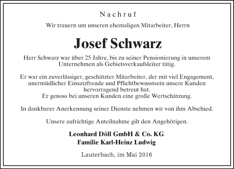  Traueranzeige für Josef Schwarz vom 18.05.2016 aus VRM Trauer