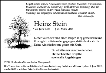 Traueranzeige von Heinz Stein von  Hochheimer Zeitung