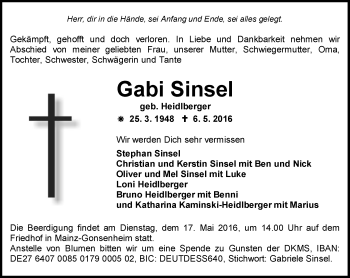 Traueranzeige von Gabi Sinsel von  Allgemeine Zeitung Mainz