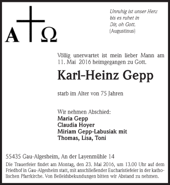 Traueranzeige von Karl-Heinz Gepp von  Allgemeine  Zeitung Ingelheim-Bingen