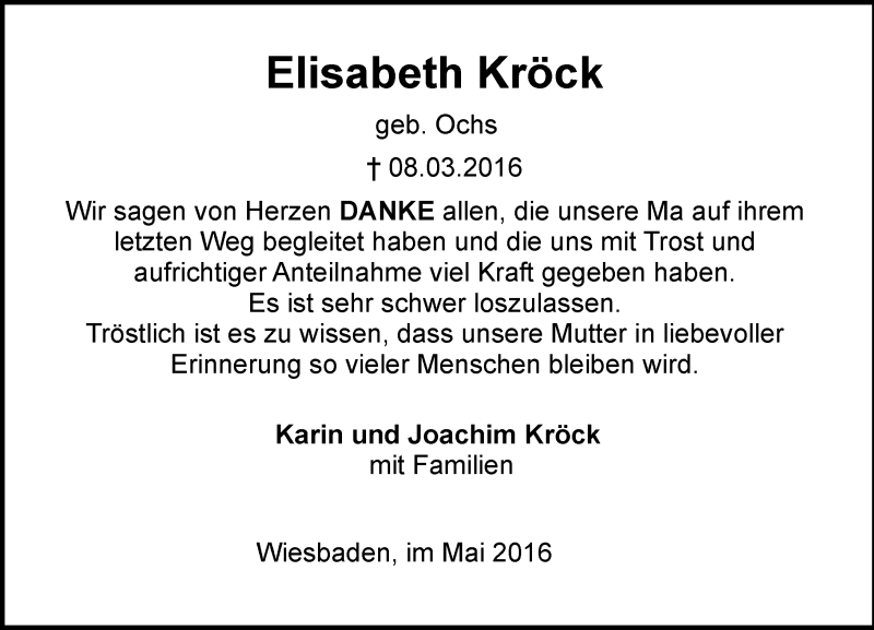  Traueranzeige für Elisabeth Kröck vom 07.05.2016 aus  Wiesbaden komplett